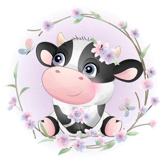 Cute doodle cow baby shower with watercolor illustration