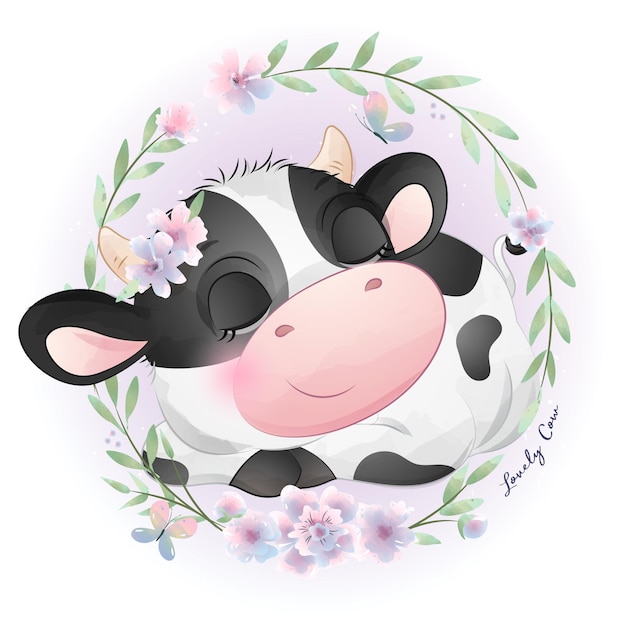 Cute doodle cow baby shower with watercolor illustration