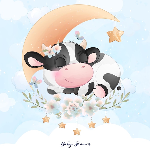 Cute doodle cow baby shower with watercolor illustration