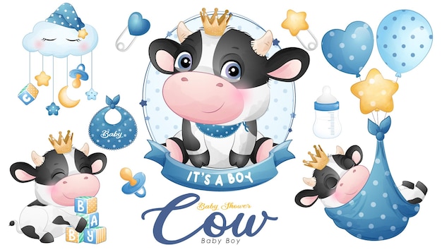 Vector cute doodle cow baby shower with watercolor illustration