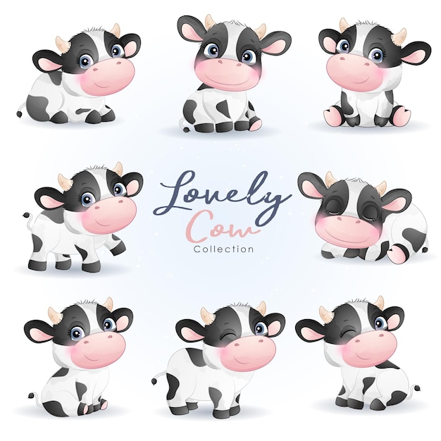 Cute doodle cow poses baby shower with watercolor illustration