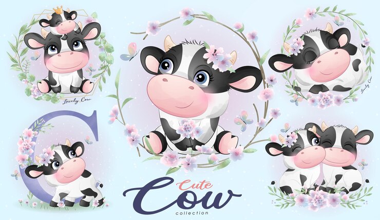 Vector cute doodle cow with floral set with watercolor illustration
