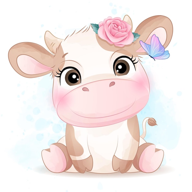 Cute doodle cow with watercolor illustration