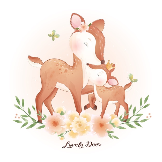 Cute doodle deer with floral illustration