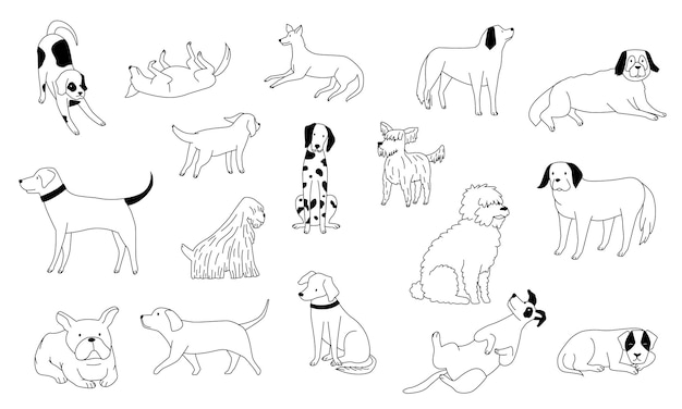 Vector cute doodle dog line black and white funny puppies hand drawn pencil illustration cartoon smiley pets walking sitting and playing vector set