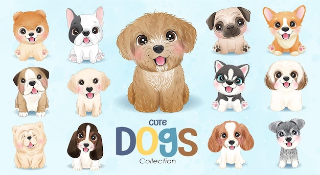 Vector cute doodle dogs collection with watercolor illustration