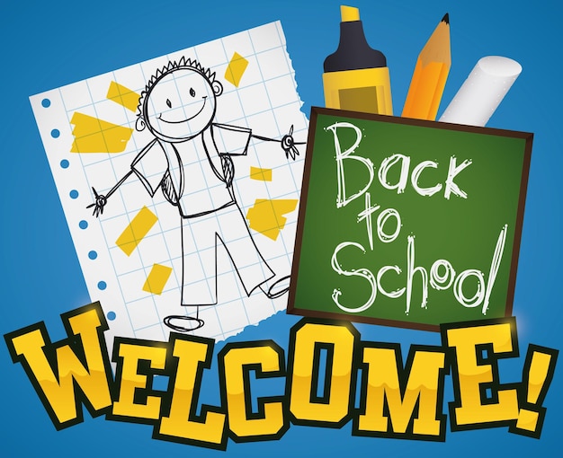 Cute doodle drawing on notebook and school supplies behind chalkboard for back to school