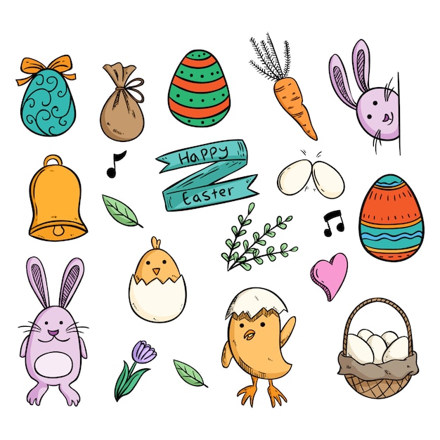 Vector cute doodle easter elements with rabbit chicks and egg