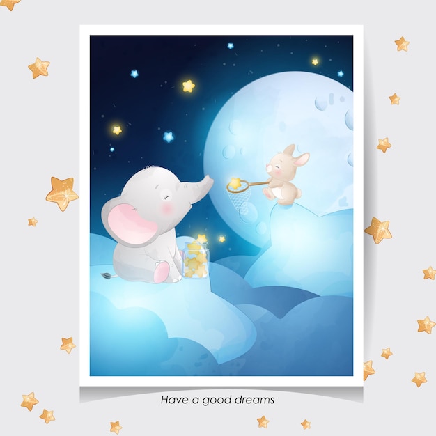 cute doodle elephant and little bunny with watercolor illustration