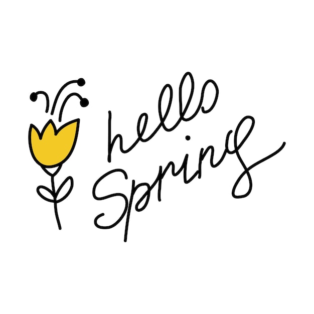 Vector cute doodle flower tulip sloppy lettering with phrase hello spring simple illustration