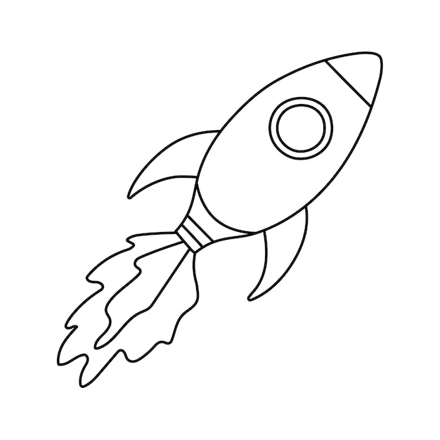 Cute doodle of flying space rocket with fire windows wings Hand drawn cosmic shuttle in the sky