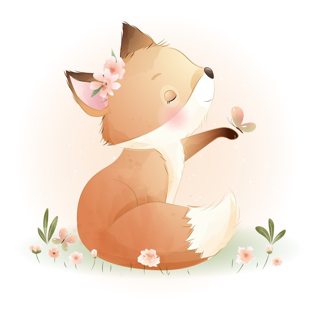 Cute doodle foxy with floral illustration