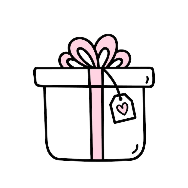 Cute doodle gift with pink bow and ribbon for Valentines Day isolated on white