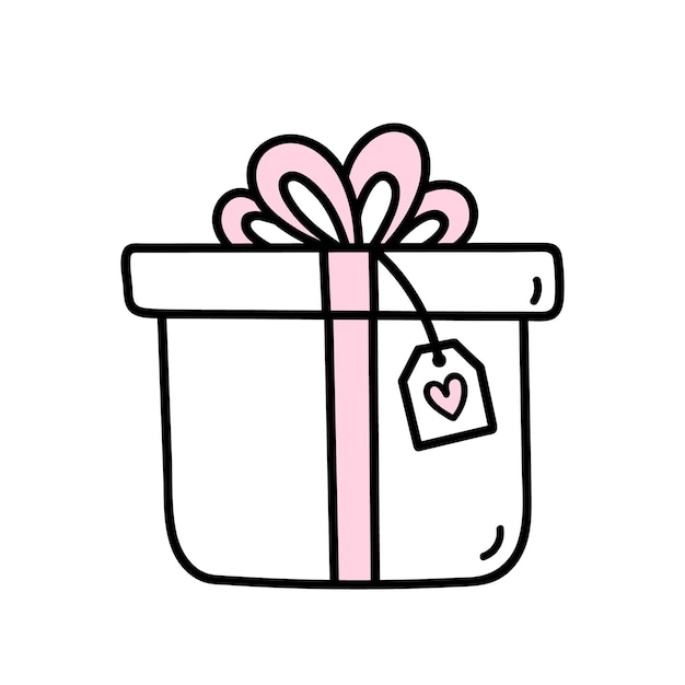 Cute doodle gift with pink bow and ribbon for valentines day isolated on white