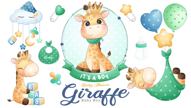 Vettore carino doodle giraffa baby shower con set di illustrazioni ad acquerello