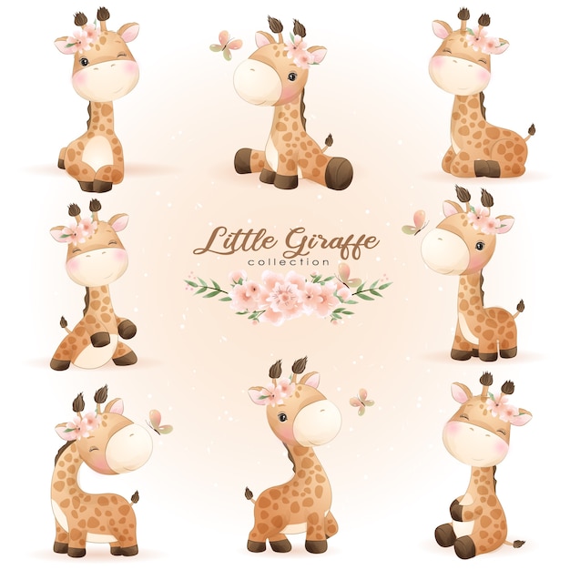 Vector cute doodle giraffe poses with floral illustration