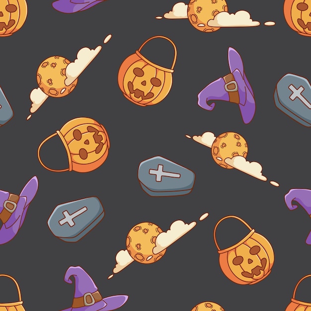 Cute doodle halloween icons in seamless pattern with pumpkin bag witch hat coffin and moon
