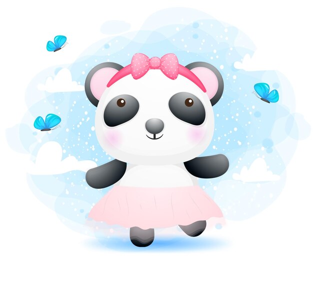 Cute doodle happy dancing baby panda girl