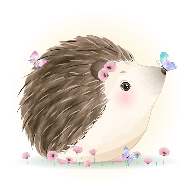 Vector cute doodle hedgehog with watercolor illustration