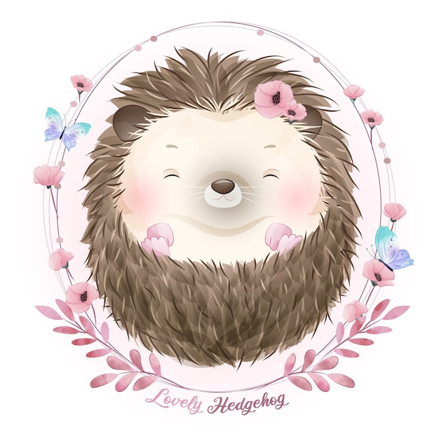 Cute doodle hedgehog with watercolor illustration