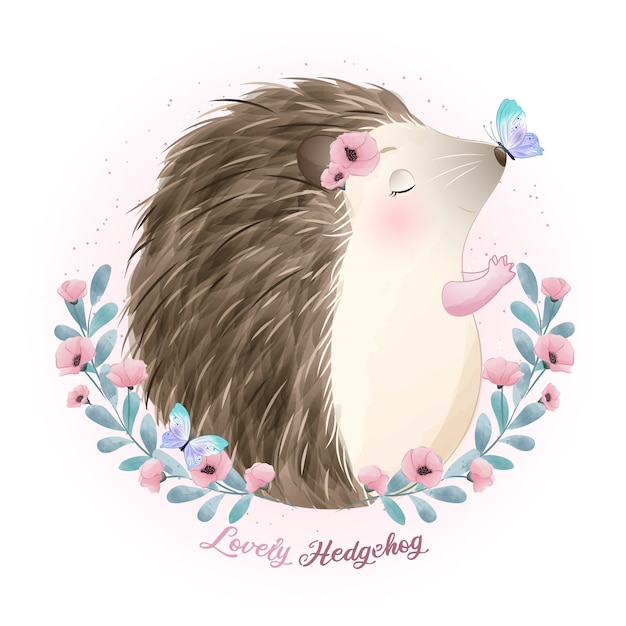 Cute doodle hedgehog with watercolor illustration