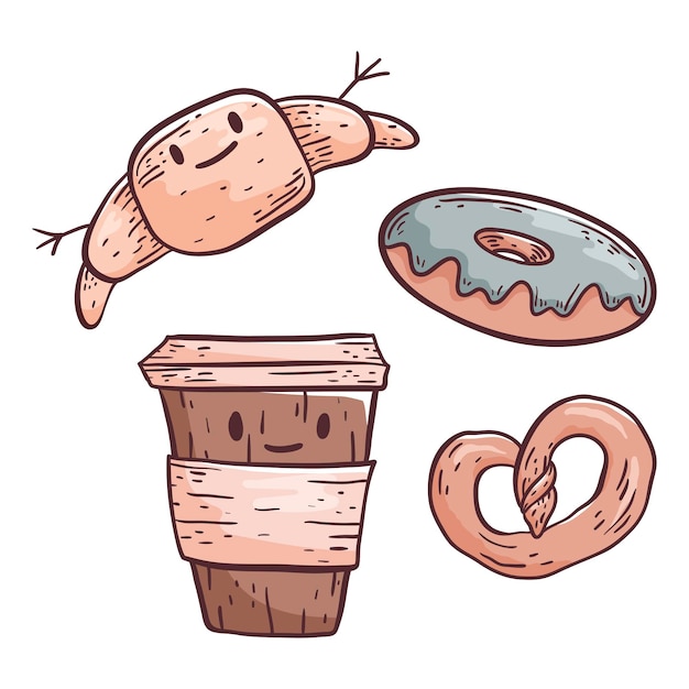 Cute   doodle illustration. coffee in a plastic cup and pastries