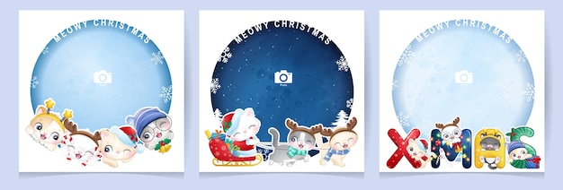 Cute doodle kitty for christmas day with photo frame collection