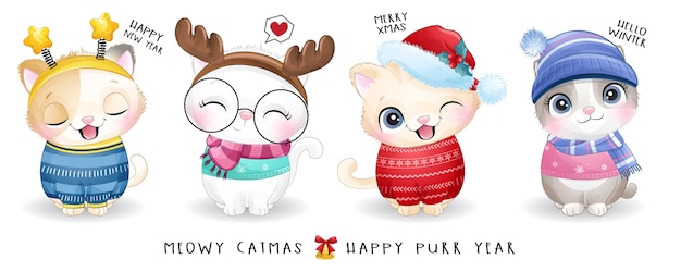 Cute doodle kitty for christmas day with watercolor illustration