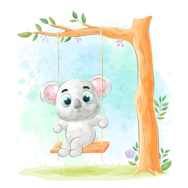 Carino doodle koala che gioca su un'altalena con illustrazione ad acquerello