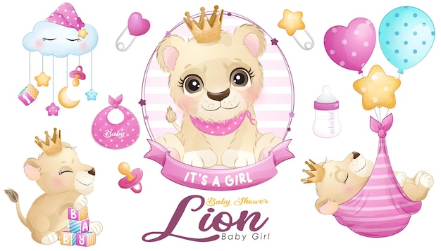 Vettore baby shower leone carino doodle con set di illustrazioni ad acquerello