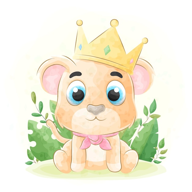 Cute doodle a lion king with watercolor illustration