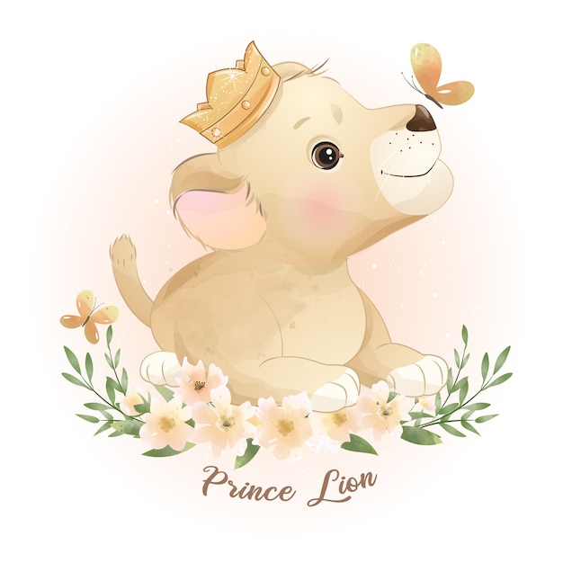 Cute doodle lion with floral illustration