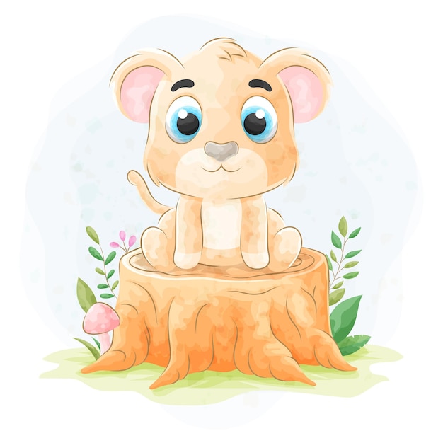 Cute doodle lion with watercolor illustration