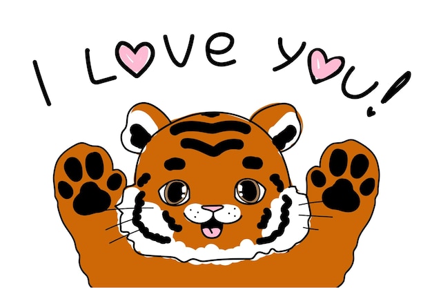 Vector cute doodle little tiger baby animals with kid illustration i love you text for card