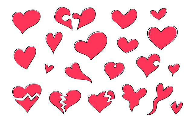 Vector cute doodle love hearts symbols in various designs isolated vector doodle style