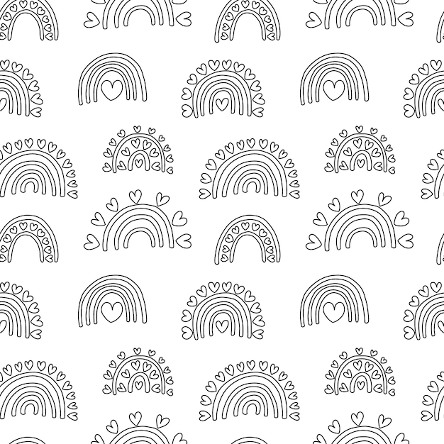 Vector cute doodle love rainbows seamless pattern different kinds of rainbows with hearts vector pattern