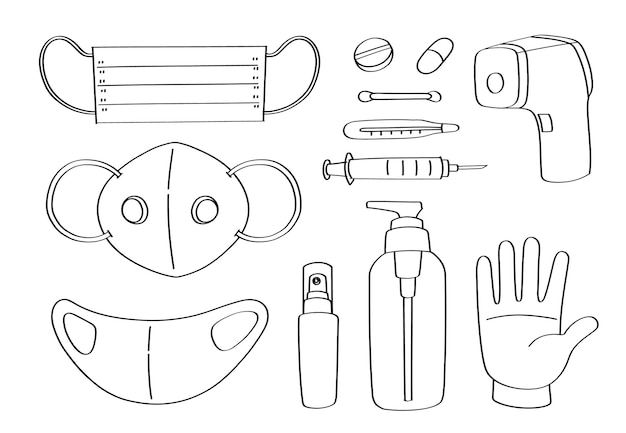 Cute doodle medical object cartoon  and objects. Covid-19, Coronavirus protection.