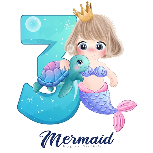 Cute doodle mermaid card with number for birthday party