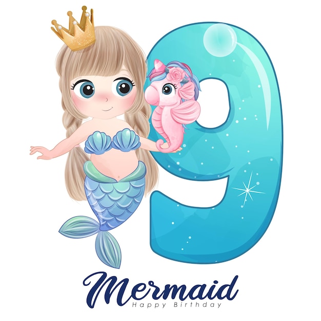 Cute doodle mermaid card with number for birthday party