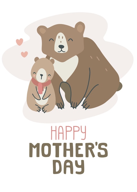 Vector cute doodle mom and baby bear family postcard happy mothers day card