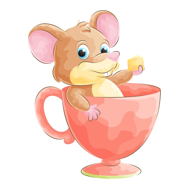 Cute doodle mouse relaxing in a glass with watercolor illustration