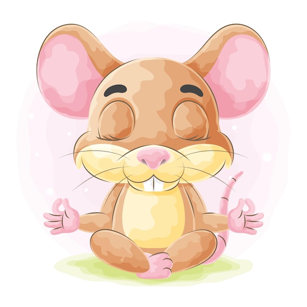 Cute doodle mouse with watercolor illustration