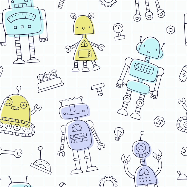 Vettore simpatico modello robot con contorno doodle stampa vettoriale senza cuciture per tessuti e tessuti per bambini