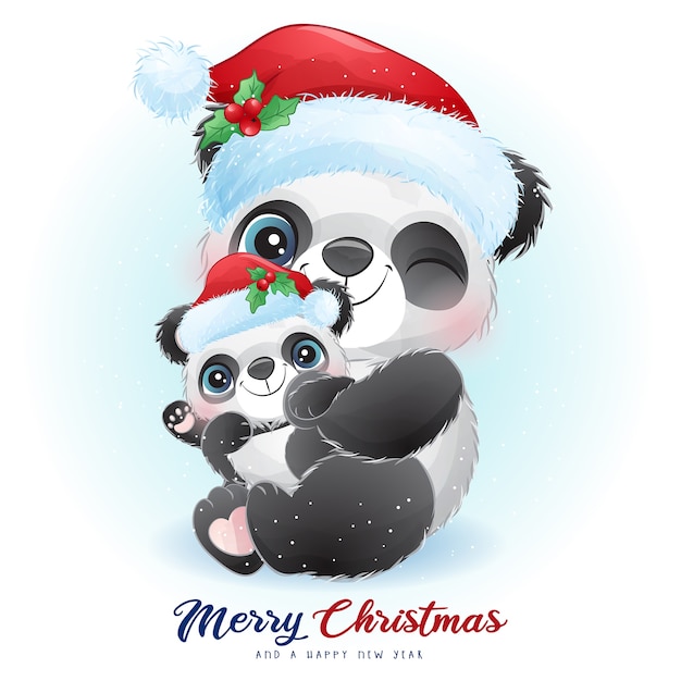 Panda sveglio di doodle per il giorno di natale con l'illustrazione dell'acquerello