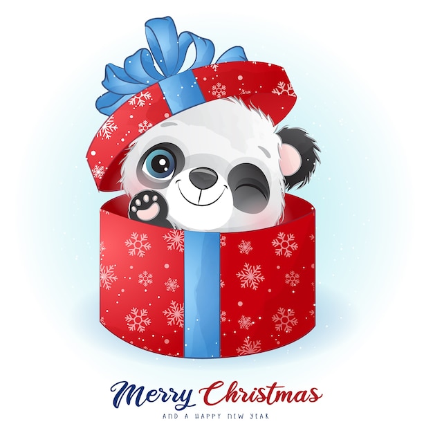 Vector cute doodle panda for christmas day with watercolor illustration
