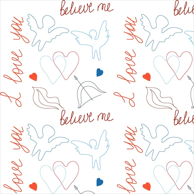 cute doodle pattern with love quotes and angels and hearts