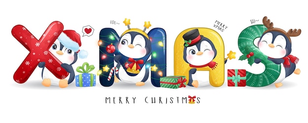 メリークリスマスイラストセットのかわいい落書きペンギン