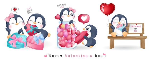 Симпатичный каракули пингвин для коллекции на день святого валентина