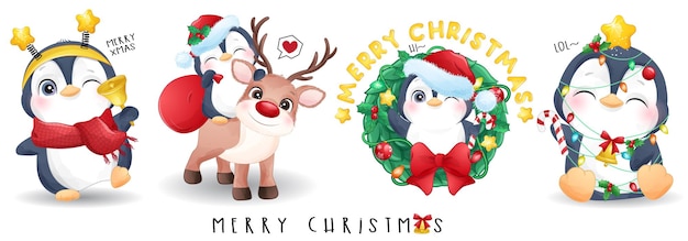 Cute doodle penguin for merry christmas illustration set