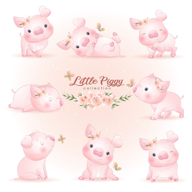 Vector cute doodle piggy poses with floral illustration
